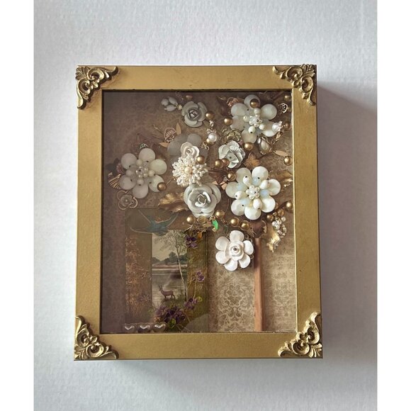 Vintage Gold Framed Flower Artwork With Pearls & Beads - Picture 6 of 10
